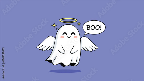 Adorable Halloween illustration of a cute angel ghost with a golden halo and wings, happily floating and exclaiming "BOO!" on a soft purple background.