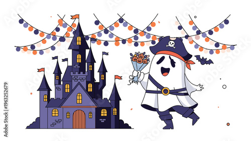 Playful Halloween illustration depicting a happy pirate ghost holding a pumpkin bouquet, standing in front of a spooky haunted castle adorned with festive string lights.