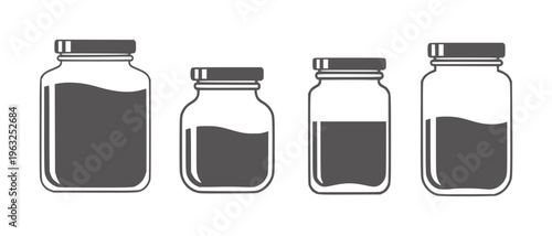 Four dark shaded glass jars with varying liquid levels in grayscale containers