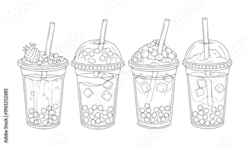 Four bubble tea drinks with straws and various toppings in clear cups line