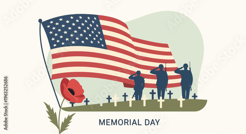 Illustration of a Memorial Day scene with flag, soldiers saluting