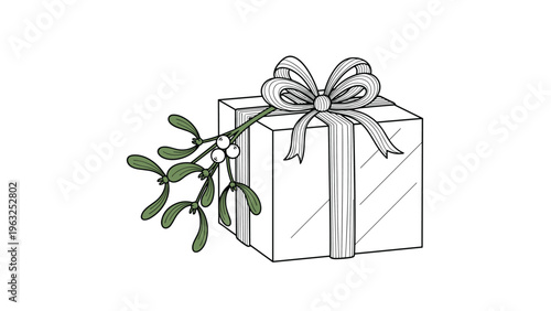 Elegant line art illustration of a Christmas gift box with a ribbon and a sprig of mistletoe with berries, featuring subtle color accents on a clean white background.