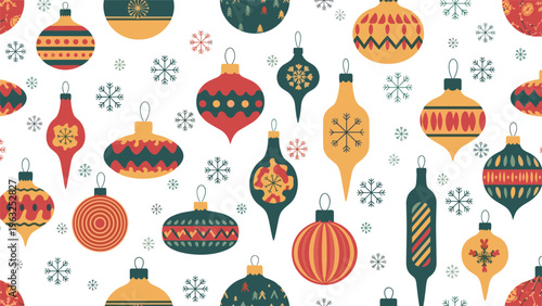 Retro-inspired Christmas seamless pattern featuring a delightful assortment of vintage-style ornaments with festive patterns, interspersed with snowflakes on a clean white background.
