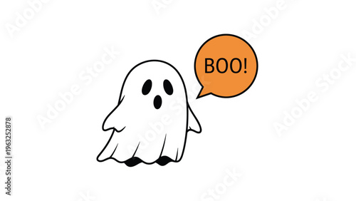 Adorable illustration of a cute, simple white ghost with round eyes, exclaiming "BOO!" in an orange speech bubble on a clean white background, perfect for Halloween designs.