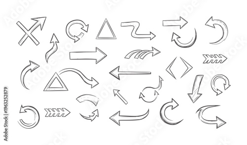 Handdrawn black and white directional arrow set with various styles and shapes arrows