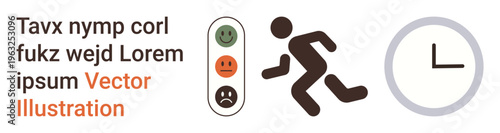 Time management, decision-making, emotions, productivity, behavior, mental health. A person running, a clock and a traffic light with emotive faces. Time management and decision-making