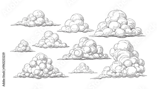 Monochrome of various cumulus cloud formations clouds black white