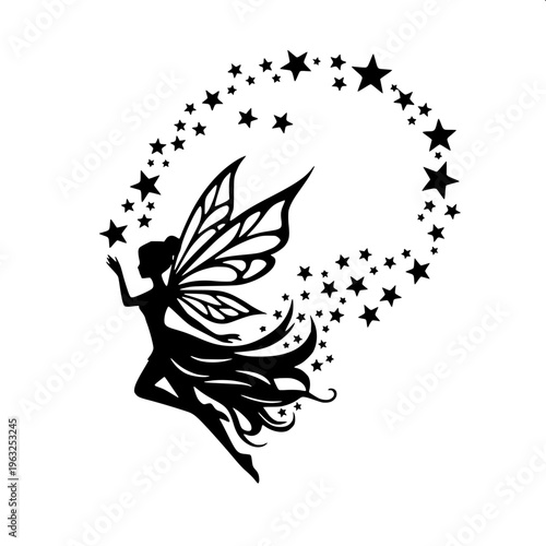 Magical fairy illustration, child-like figure with detailed butterfly wings, holding a glowing star, solid black silhouette, smooth curves, tattoo style