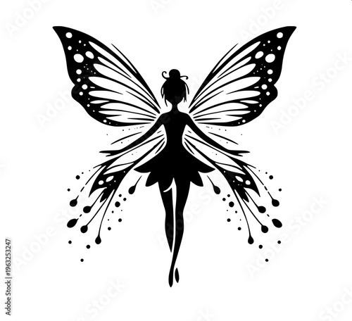 Magical fairy illustration, child-like figure with detailed butterfly wings, holding a glowing star, solid black silhouette, smooth curves, tattoo style
