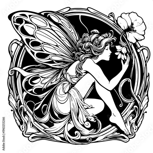 Magical fairy illustration, child-like figure with detailed butterfly wings, holding a glowing star, solid black silhouette, smooth curves, tattoo style