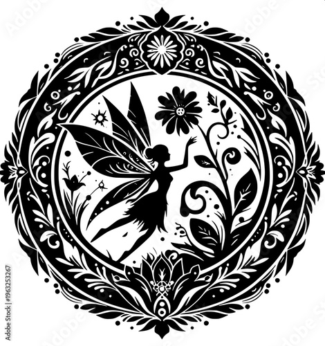 Magical fairy illustration, child-like figure with detailed butterfly wings, holding a glowing star, solid black silhouette, smooth curves, tattoo style