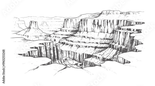 Monochrome of layered canyon landscape with mesas and cliffs