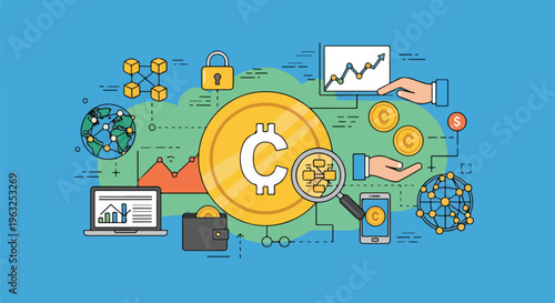 Illustration featuring cryptocurrency concepts charts, coin, globe