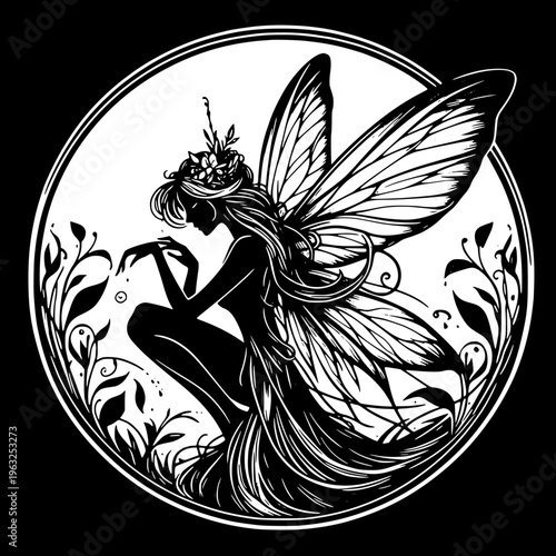 Magical fairy illustration, child-like figure with detailed butterfly wings, holding a glowing star, solid black silhouette, smooth curves, tattoo style