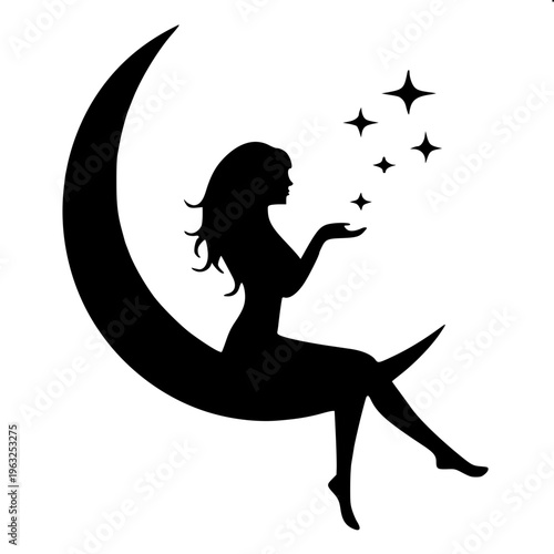Magical fairy illustration, child-like figure with detailed butterfly wings, holding a glowing star, solid black silhouette, smooth curves, tattoo style