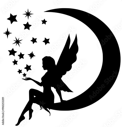 Magical fairy illustration, child-like figure with detailed butterfly wings, holding a glowing star, solid black silhouette, smooth curves, tattoo style