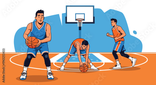 Illustration of a basketball game scene with players in action on the court