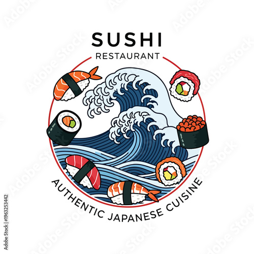 Cute Japanese Sushi Restaurant Logo Vector Illustration with Ocean Waves and Various Rolls