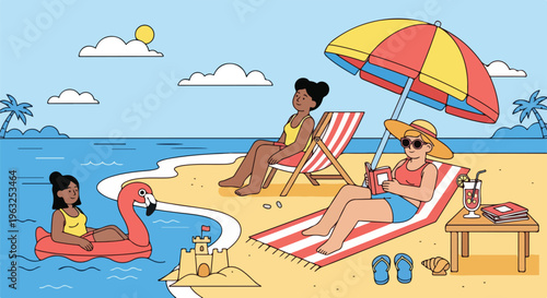 Illustration of a beach scene with people and fun elements