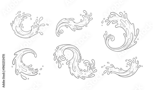 Six decorative black and white handdrawn water splash doodles in various styles splashes