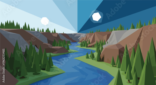 Geometric landscape depicting a river valley with mountains, trees, and sky