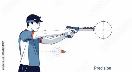 Illustration of a person aiming a pistol at a target, with a bullet