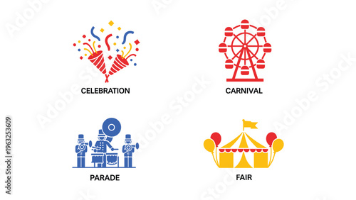 Four festive icons representing different types of celebrations and events