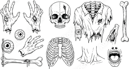 Horror Anatomy Hand Drawn Illustration Set with Skull, Skeleton, Zombie Hands, Bones, Eyes, and Spooky Halloween Vector Illustration Collection