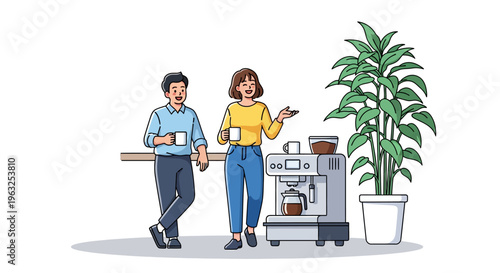 Happy Colleagues Chatting at Coffee Station