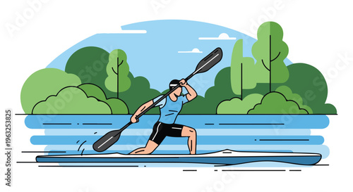 Illustration of a kayaker paddling on the water near trees