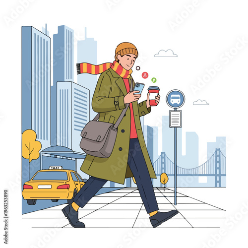 Illustration of a person walking on a city street, using a phone