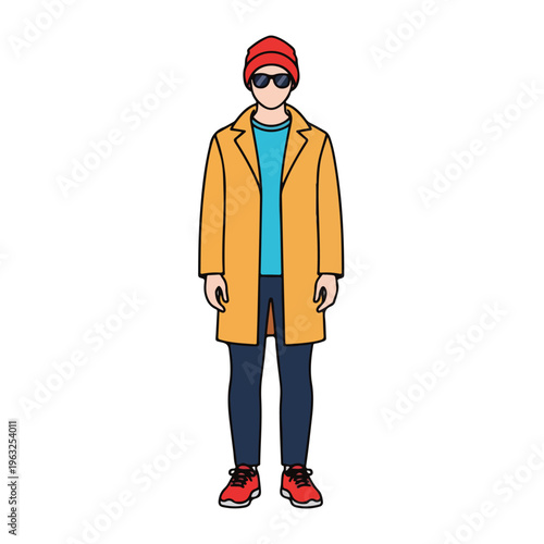 Illustration of a person wearing a coat, hat, sunglasses, and sneakers
