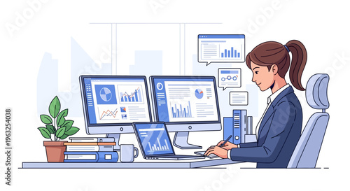 Professional Woman Working at Dual Monitor Desk