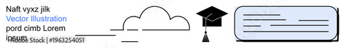 Education, learning, graduation, knowledge sharing, cloud technology, digital resources. Cloud with lines, graduation cap and text box. Education and learning in a modern context concept