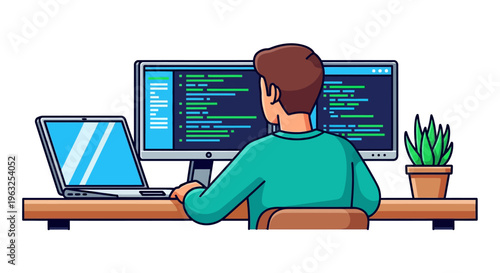 Professional Working at Minimalist Dual Monitor Workspace