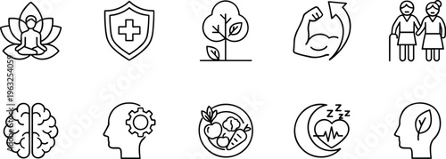 Flat vector icon set for longevity wellness and healthy lifestyle featuring mindfulness symbols medical icons and nature elements.