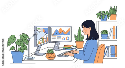Smiling Woman Working at Dual Monitor Workstation
