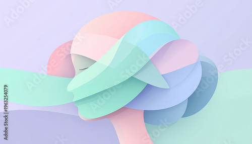 Stress, mental health, abstract background. Abstract pastel profile, soft gradient layers, female face, side view, serene mood, minimal art, modern