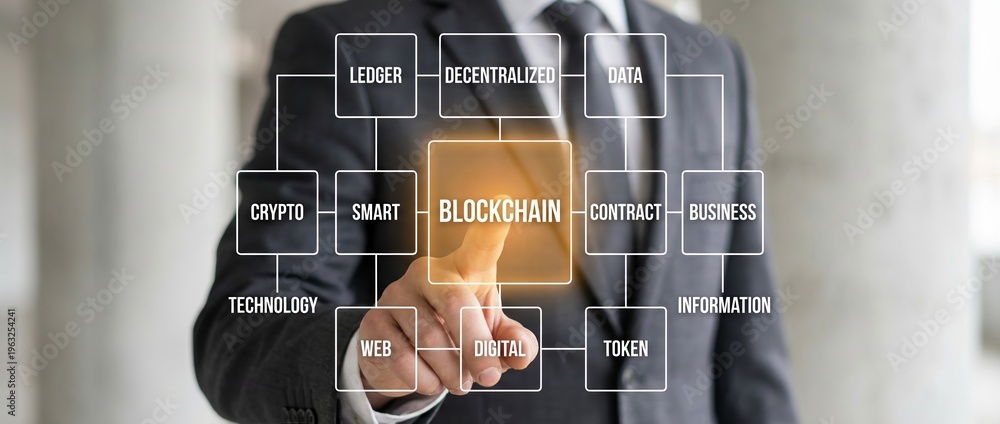 Naklejka premium blockchain technology business digital crypto data decentralized ledger system concept showing a businessman interacting with a virtual smart contract interface for fintech.
