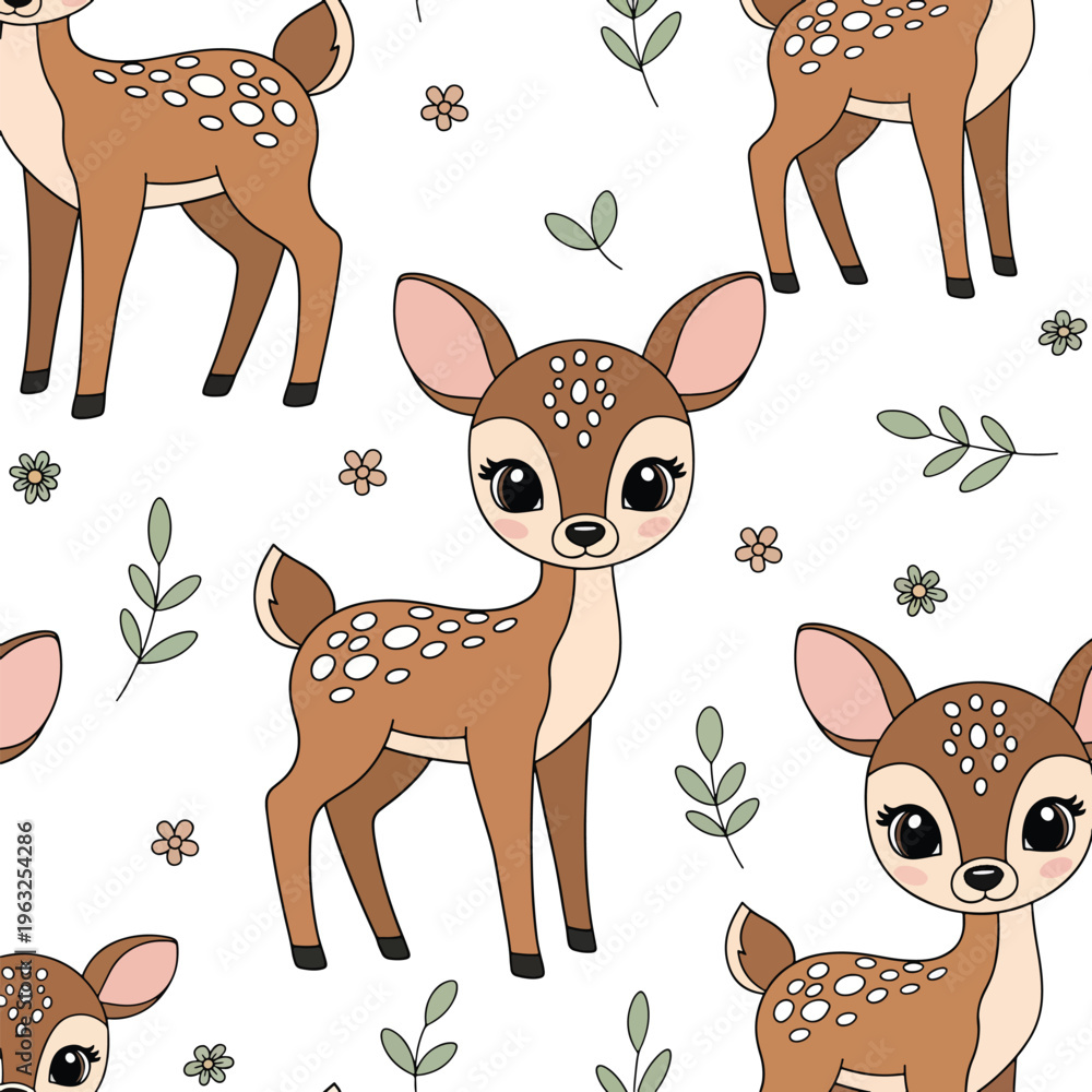 Naklejka premium Seamless Pattern of Adorable Cartoon Fawns with Woodland Elements on White Background Vector Illustration