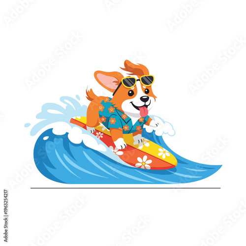 Joyful cartoon dog in sunglasses surfing a wave, a cute summer beach vector art