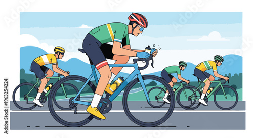 Illustration of cyclists in race on road, amidst trees and sky