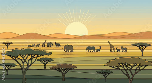 Illustration of African savanna with wildlife and a warm sunrise
