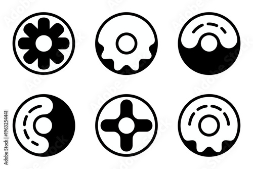 Vector set of six distinct circular mechanical gears with central holes and varying designs