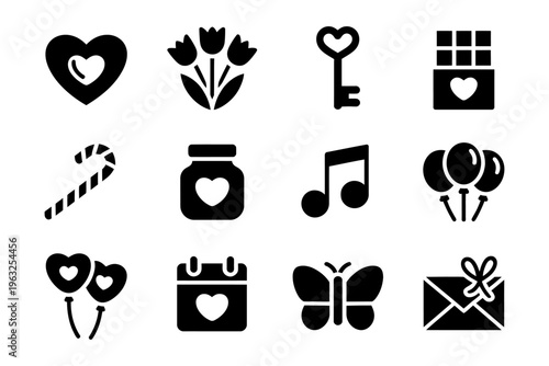 Vector featuring hearts, flowers, gifts, and keys in a romantic icon set