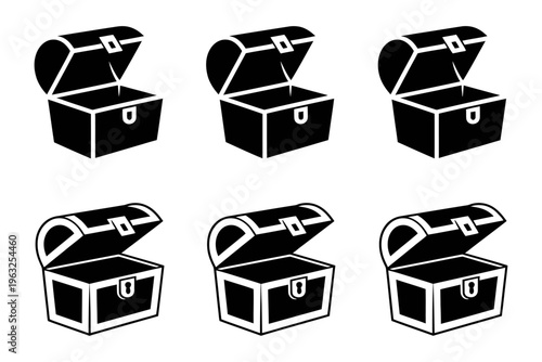 Set of vector treasure chests with open lids and empty interiors arranged in a symmetrical grid layout