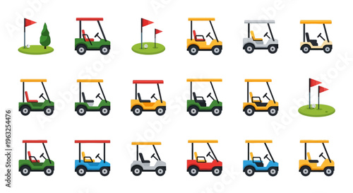 Colorful golf cart icons set collection.