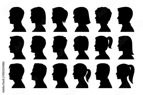 Vector featuring a collection of eighteen black silhouettes of men's and women's heads in profile view