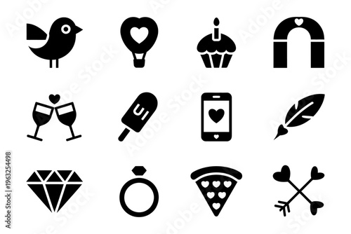 Vector showcases a set of icons including a bird, a heart balloon, a cupcake, and other items in a minimalist style with clarity and simplicity in design
