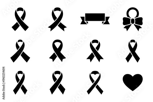 Vector containing nine black awareness ribbons with various designs and shapes